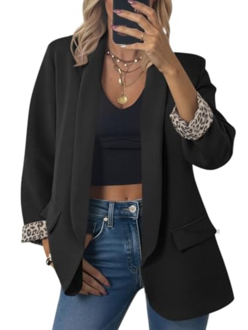 Leopard Lined Shawl Collar Blazer Open Front Business Casual Jacket